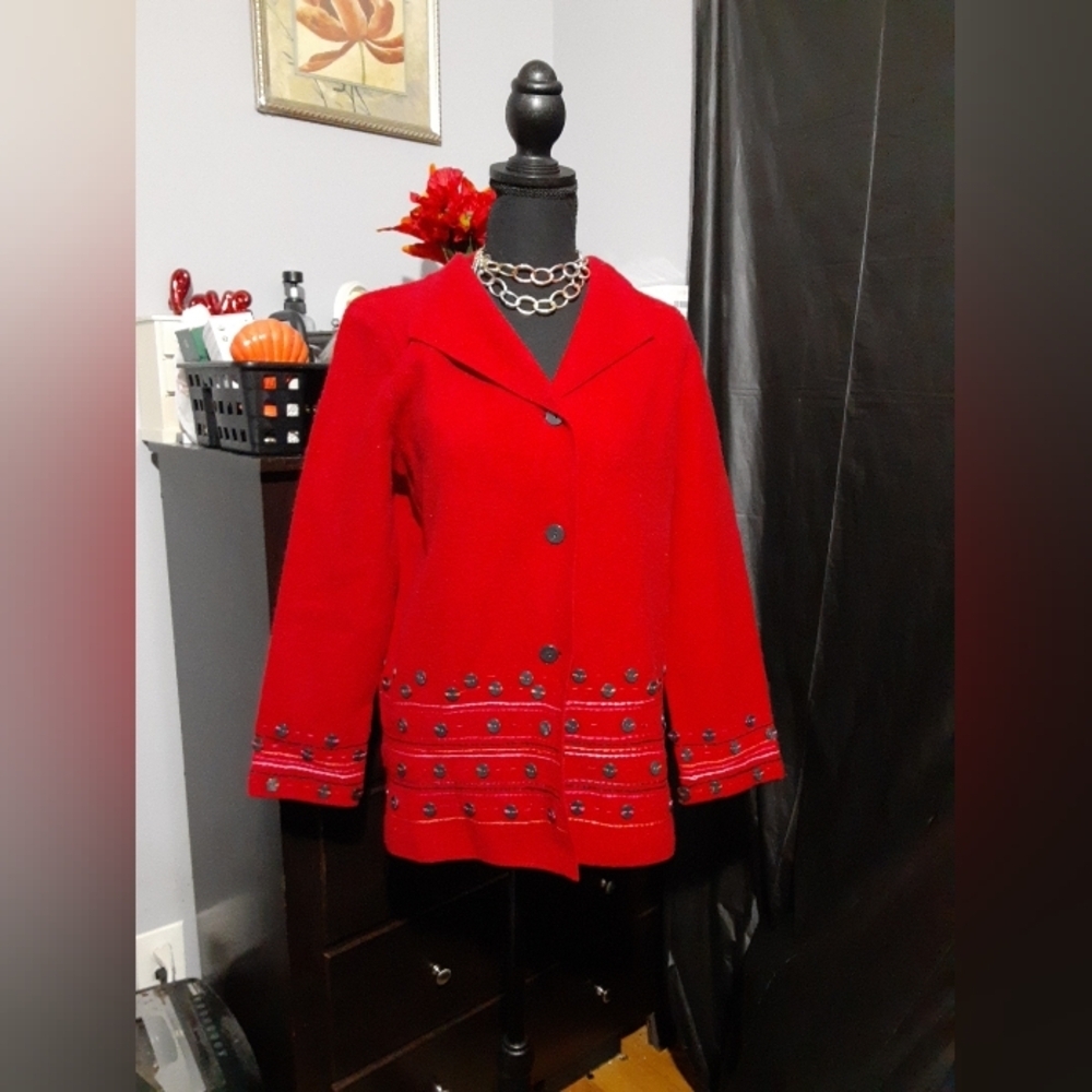 Sigrid Olsen Women's 100% Lambs Wool Blazer Button Up Embroidered Size Small